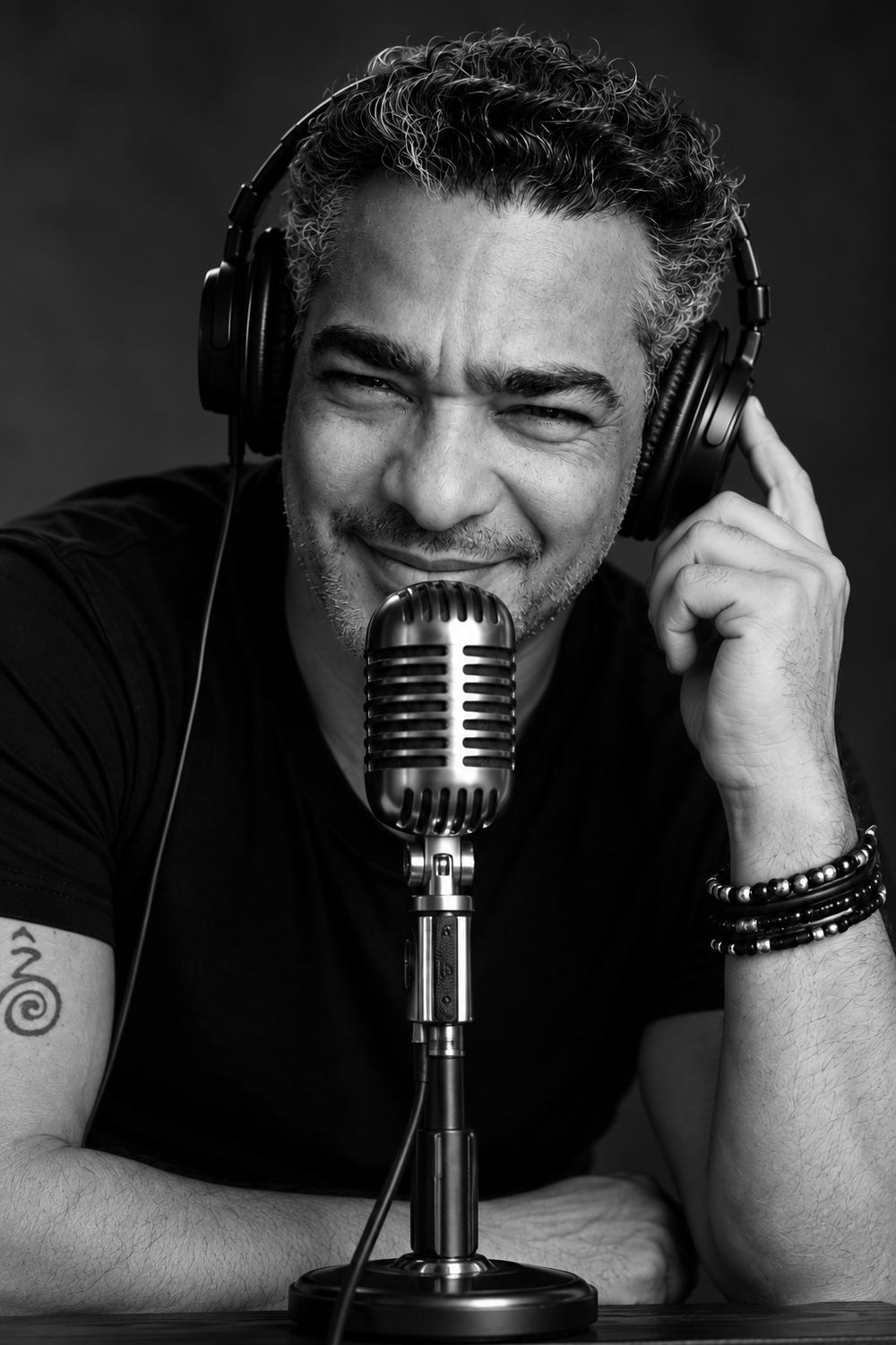 Robert Asunción con audífonos frente a un micrófono de estudio